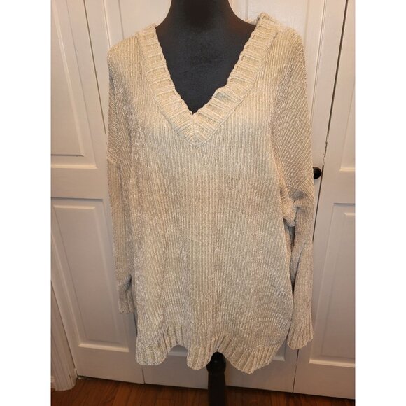 Ivory, Chenille V Neck Sweater Pink Lily 2XL Cozy Comfy Winter Neutral Minimal - Picture 1 of 8